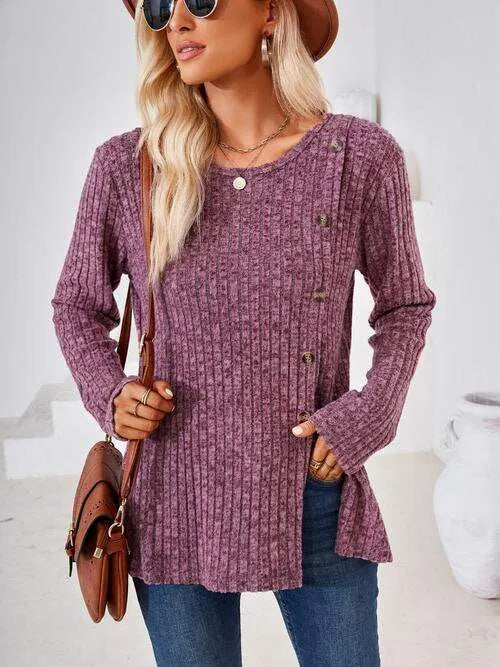 Ribbed Buttoned Round Neck Slit T-Shirt Women's T-Shirts - Tophatter Daily Deals